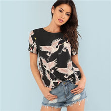 Load image into Gallery viewer, SHEIN Red-crowned Crane Print Top 2018 Summer Round Neck Short Sleeve Casual Top Women Black Floral Animal Print Blouse