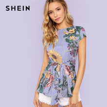 Load image into Gallery viewer, SHEIN Multicolor Vacation Boho Bohemian Beach Floral And Striped Print Belted Cap Sleeve Blouse Summer Women Going Out Shirt Top