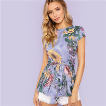 Load image into Gallery viewer, SHEIN Multicolor Vacation Boho Bohemian Beach Floral And Striped Print Belted Cap Sleeve Blouse Summer Women Going Out Shirt Top