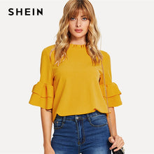 Load image into Gallery viewer, SHEIN Ginger Frill Neck Flounce Sleeve Keyhole Back Top Elegant Stand Collar Workwear Solid Blouse Women Summer Blouses