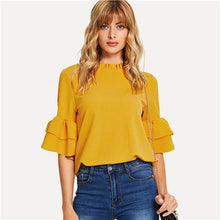 Load image into Gallery viewer, SHEIN Ginger Frill Neck Flounce Sleeve Keyhole Back Top Elegant Stand Collar Workwear Solid Blouse Women Summer Blouses