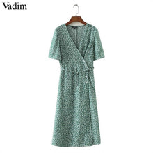 Load image into Gallery viewer, Vadim vintage floral print wrap dress V neck bow tie sashes short sleeve female streetwear chic mid calf dresses vestidos QA030