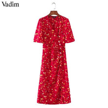 Load image into Gallery viewer, Vadim vintage floral print wrap dress V neck bow tie sashes short sleeve female streetwear chic mid calf dresses vestidos QA030