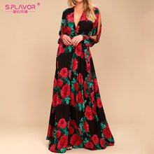 Load image into Gallery viewer, S.FLAVOR women bohemian long dress Hot sale rose printing V-neck sexy vestidos de festa spring summer fashion long sleeve dress