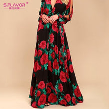 Load image into Gallery viewer, S.FLAVOR women bohemian long dress Hot sale rose printing V-neck sexy vestidos de festa spring summer fashion long sleeve dress