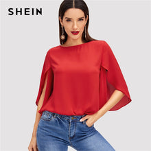 Load image into Gallery viewer, SHEIN Red Elegant Office Lady Butterfly Sleeve Split Trim O-Neck Solid Blouse 2018 Autumn Modern Lady Women Tops And Blouses