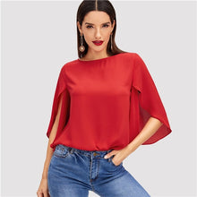 Load image into Gallery viewer, SHEIN Red Elegant Office Lady Butterfly Sleeve Split Trim O-Neck Solid Blouse 2018 Autumn Modern Lady Women Tops And Blouses