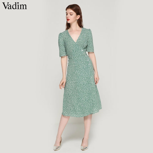 Vadim vintage floral print wrap dress V neck bow tie sashes short sleeve female streetwear chic mid calf dresses vestidos QA030
