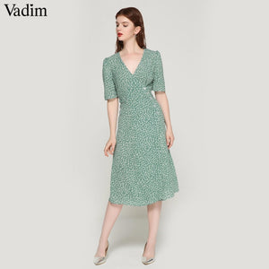 Vadim vintage floral print wrap dress V neck bow tie sashes short sleeve female streetwear chic mid calf dresses vestidos QA030