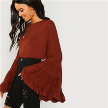 Load image into Gallery viewer, SHEIN Rust Workwear Elegant Tiered Flounce Bell Sleeve Ruffle Long Sleeve Solid Blouse Autumn Minimalist Women Tops And Blouses