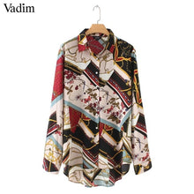 Load image into Gallery viewer, Vadim women vintage Geometric pattern blouses long sleeve turn down collar pleated shirts female casual wear chic tops LA293