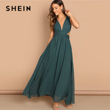 Load image into Gallery viewer, SHEIN Green Plunge Neck Crisscross Waist Ball Dress Elegant Plain Fit and Flare Dress Women Autumn Modern Lady Party Dresses
