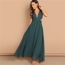Load image into Gallery viewer, SHEIN Green Plunge Neck Crisscross Waist Ball Dress Elegant Plain Fit and Flare Dress Women Autumn Modern Lady Party Dresses