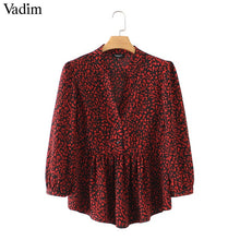 Load image into Gallery viewer, Vadim red V neck leopard print blouse animal pattern long sleeve pleated shirts female casual retro tops blusas mujer LA528