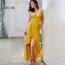 Load image into Gallery viewer, COLROVIE High Low Draped Party Dress Sexy Backless Women V Neck Yellow A Line Summer Dresses Cross Strappy  Slip Maxi Dress