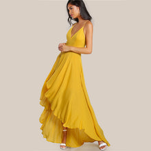 Load image into Gallery viewer, COLROVIE High Low Draped Party Dress Sexy Backless Women V Neck Yellow A Line Summer Dresses Cross Strappy  Slip Maxi Dress