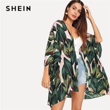 Load image into Gallery viewer, SHEIN Multicolor Tropical Jungle Leaf Print Batwing Sleeve Kimono 2019 Women Summer Sleeve Vacation Longline Beach Blouses