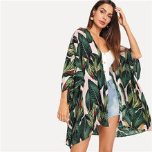 Load image into Gallery viewer, SHEIN Multicolor Tropical Jungle Leaf Print Batwing Sleeve Kimono 2019 Women Summer Sleeve Vacation Longline Beach Blouses