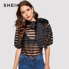Load image into Gallery viewer, SHEIN Black Tie Neck Puff Sleeve Striped Sheer Top Without Bra Mesh Blouse Women Spring Sexy HighStreet Womens Tops and Blouses
