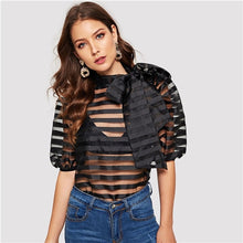 Load image into Gallery viewer, SHEIN Black Tie Neck Puff Sleeve Striped Sheer Top Without Bra Mesh Blouse Women Spring Sexy HighStreet Womens Tops and Blouses