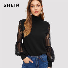 Load image into Gallery viewer, SHEIN Women Black High Neck Lace Lantern Sleeve Top Fashion Mesh Blouse Women's Long Sleeve Pattern Printing Ladies Tops