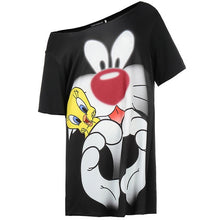Load image into Gallery viewer, Runway Cartoon Print Dress Women Mickey Mous Summer Dress Cotton Slash Neck Short Sleeve Casual Cartoon Dress Short Loose Dress