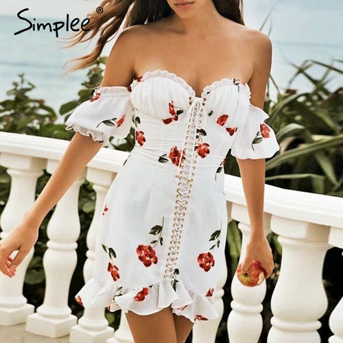 Simplee Sexy off shoulder print women dress Lace up ruffle summer short dresses Holiday beach female mini white vestidos 2019