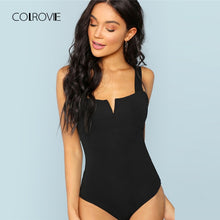 Load image into Gallery viewer, COLROVIE Black Casual Solid V-Cut Front Skinny Tee Sexy Bodysuit Women Autumn Office Lady Straps Basic Female Bodysuits