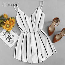 Load image into Gallery viewer, COLROVIE Wrap Casual Vertical Striped Romper Summer V Neck Playsuit Mid Waist Women Rompers Strap Beach Short Jumpsuit