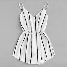 Load image into Gallery viewer, COLROVIE Wrap Casual Vertical Striped Romper Summer V Neck Playsuit Mid Waist Women Rompers Strap Beach Short Jumpsuit