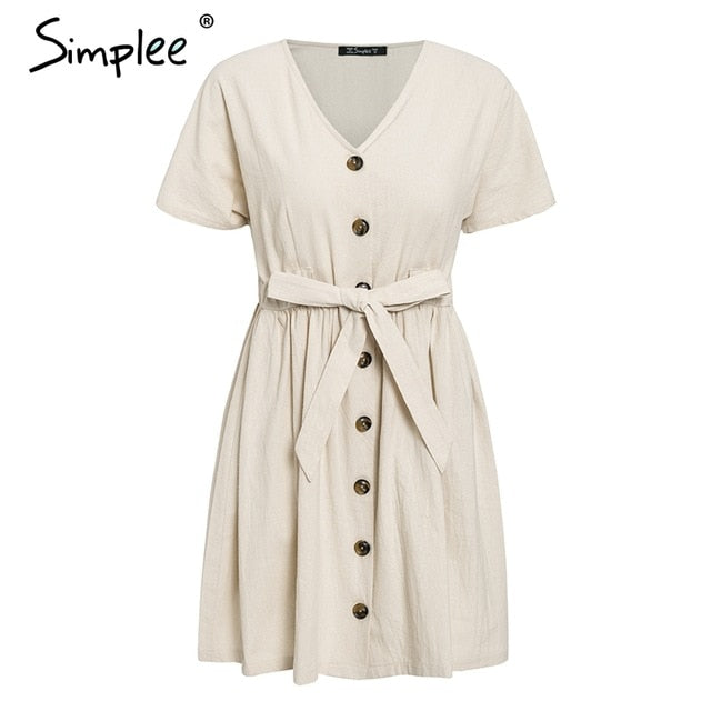 Simplee Vintage button women dress shirt V neck short sleeve cotton linen short summer dresses Casual korean vestidos 2019 festa