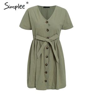 Simplee Vintage button women dress shirt V neck short sleeve cotton linen short summer dresses Casual korean vestidos 2019 festa