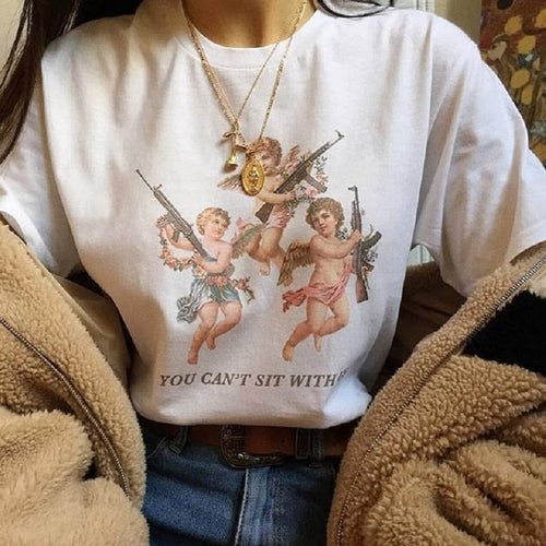 You Cant Sit with Us Three Angels Summer Women's Fashion Large Size Loose Harajuku Casual Fun Shirt Cartoon Letter Print tops