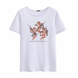 You Cant Sit with Us Three Angels Summer Women's Fashion Large Size Loose Harajuku Casual Fun Shirt Cartoon Letter Print tops