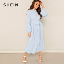 Load image into Gallery viewer, SHEIN Lady Casual Blue Frill Neck Belted Solid Pleated Maxi Dress Women Elegant Stand Collar Bishop Sleeve Party Dresses