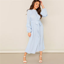 Load image into Gallery viewer, SHEIN Lady Casual Blue Frill Neck Belted Solid Pleated Maxi Dress Women Elegant Stand Collar Bishop Sleeve Party Dresses