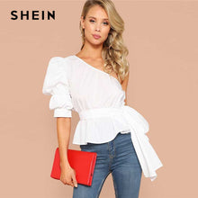 Load image into Gallery viewer, SHEIN Sexy White One Shoulder Puff Sleeve Peplum Knot Belted Top Blouse Women Summer 2019 Solid Ruffle Elegant Party Blouses