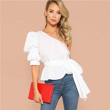 Load image into Gallery viewer, SHEIN Sexy White One Shoulder Puff Sleeve Peplum Knot Belted Top Blouse Women Summer 2019 Solid Ruffle Elegant Party Blouses