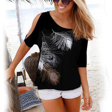 Load image into Gallery viewer, Women Shirt Casual Summer Blouse 2019 Short Batwing Sleeve Loose Tops Cold Shoulder Feather Print Shirt Plus Size Blouse 5XL