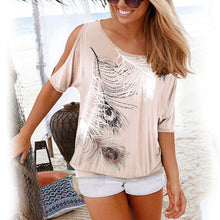 Load image into Gallery viewer, Women Shirt Casual Summer Blouse 2019 Short Batwing Sleeve Loose Tops Cold Shoulder Feather Print Shirt Plus Size Blouse 5XL