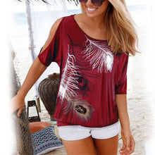 Load image into Gallery viewer, Women Shirt Casual Summer Blouse 2019 Short Batwing Sleeve Loose Tops Cold Shoulder Feather Print Shirt Plus Size Blouse 5XL
