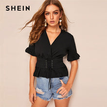 Load image into Gallery viewer, SHEIN Black Flounce Sleeve Corset Detail Wrap Slim Fit Peplum Ladies Tops Summer Solid Elegant Lace Up V Neck Women Blouses