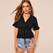 Load image into Gallery viewer, SHEIN Black Flounce Sleeve Corset Detail Wrap Slim Fit Peplum Ladies Tops Summer Solid Elegant Lace Up V Neck Women Blouses