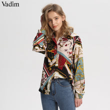 Load image into Gallery viewer, Vadim women vintage Geometric pattern blouses long sleeve turn down collar pleated shirts female casual wear chic tops LA293