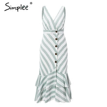 Load image into Gallery viewer, Simplee Vintage striped women long dress summer V neck buttons ruffle linen dresses Holiday sexy female beach dress