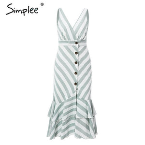 Simplee Vintage striped women long dress summer V neck buttons ruffle linen dresses Holiday sexy female beach dress