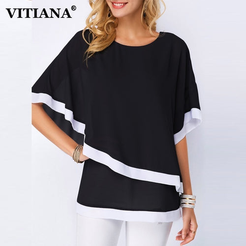 VITIANA Women Beach Chiffon Shirt Summer 2019 Female Black Blue Striped Batwing Sleeve O-Neck Casual Blouse Ladies Thin Clothing