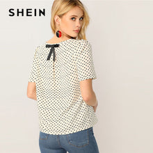 Load image into Gallery viewer, SHEIN Bow Details Heart Print White Blouse Ladies Tops 2019 Summer Casual Round Neck Womens Tops And Blouses Women Blouses