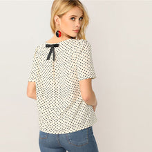 Load image into Gallery viewer, SHEIN Bow Details Heart Print White Blouse Ladies Tops 2019 Summer Casual Round Neck Womens Tops And Blouses Women Blouses