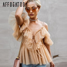 Load image into Gallery viewer, Affogatoo Sexy v neck off shoulder peplum blouse top Women Pleated vintage ruffle mesh blouse shirt Casual summer sleeveless top
